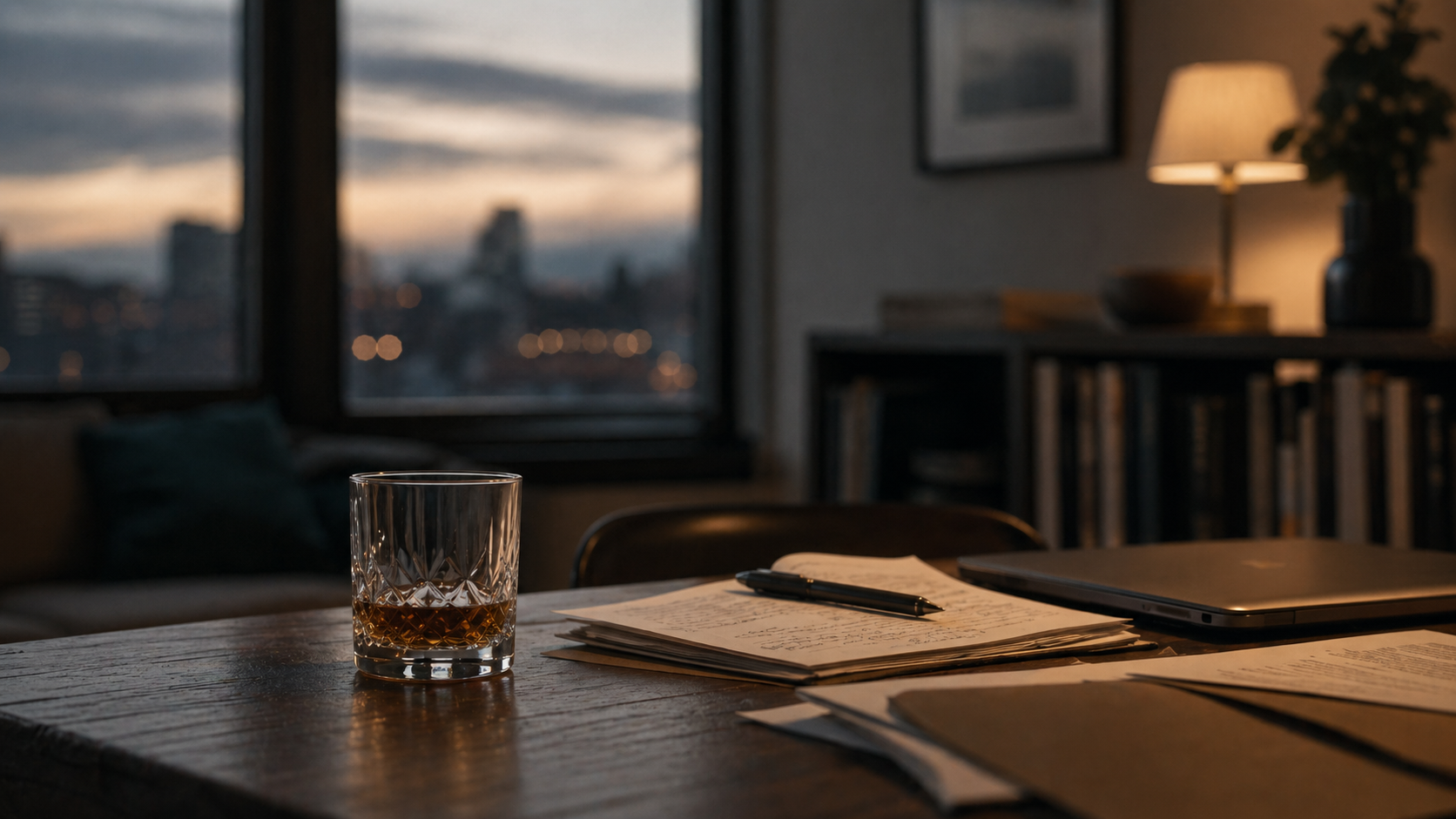 A quiet evening interior with a glass suggesting the temporary relief and unresolved tension of alcohol and stress
