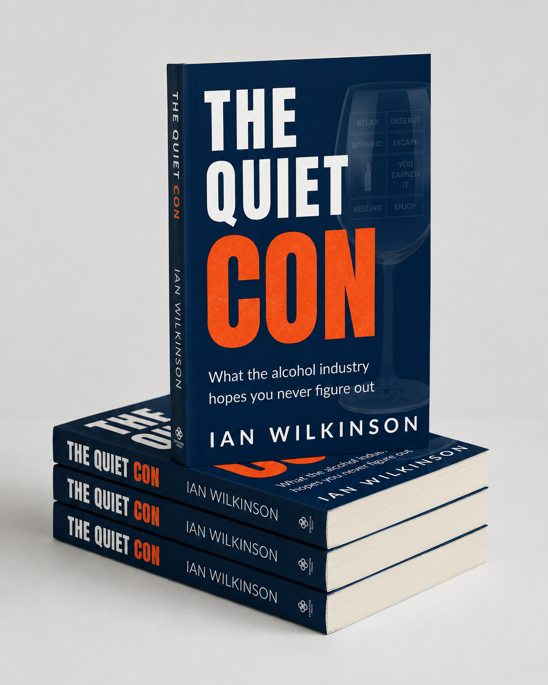 The Quiet Con by Ian Wilkinson, stacked paperbacks with upright book