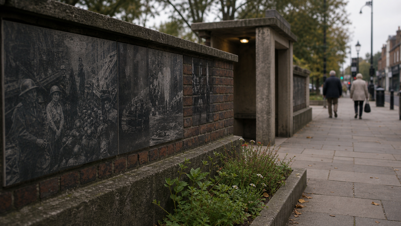 People walking past a modest wartime memory wall in a British public space