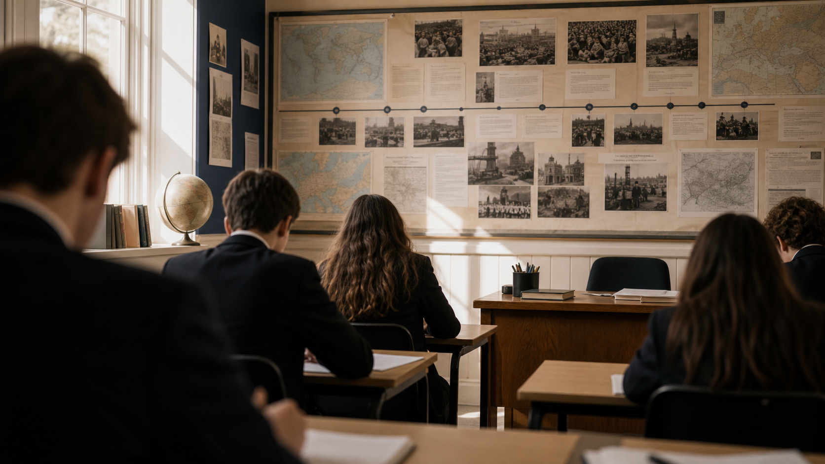 Pupils seen from behind in a British history classroom with a wall display