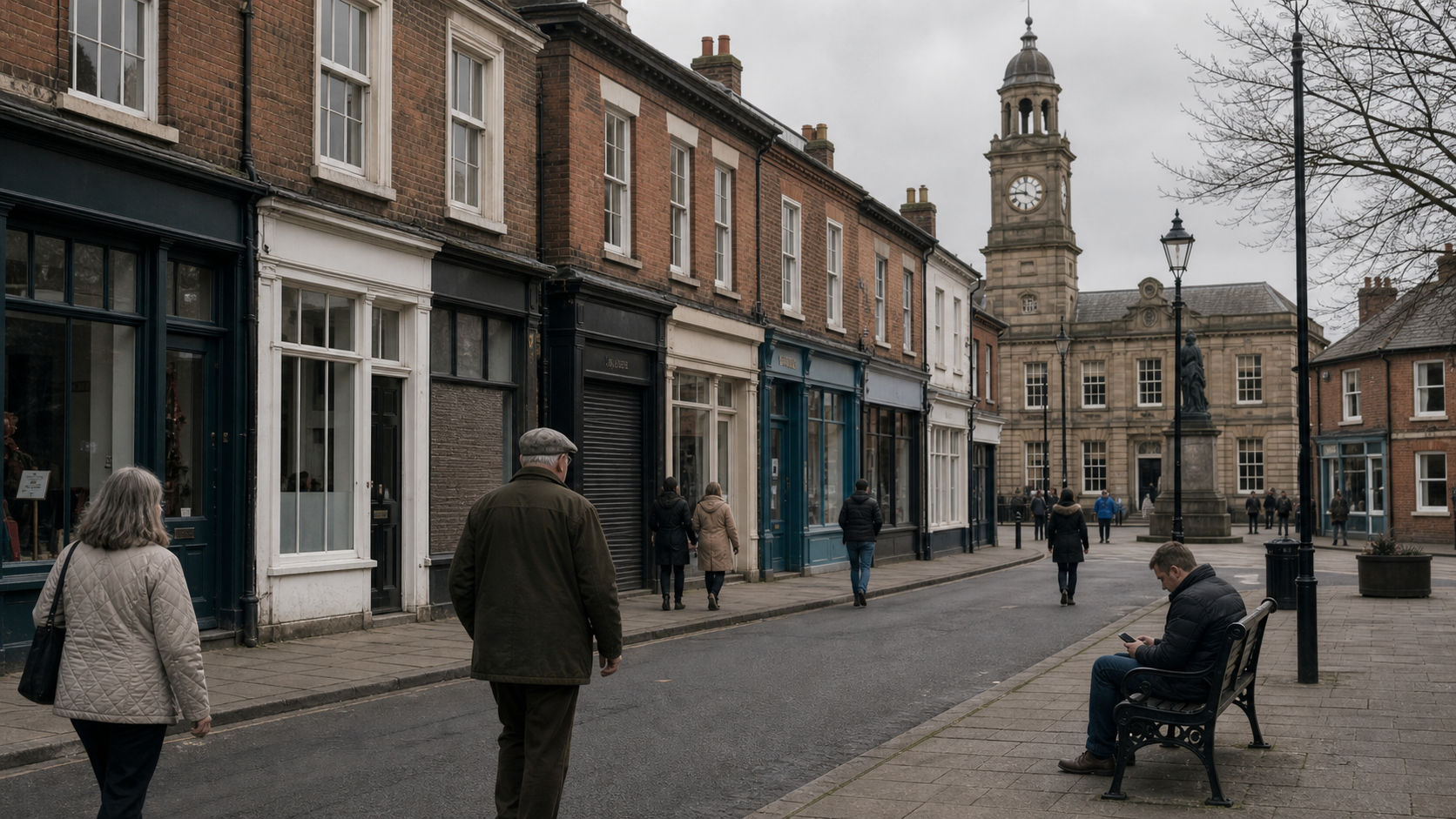 People walking through a modest British high street with a civic clock tower in the distance