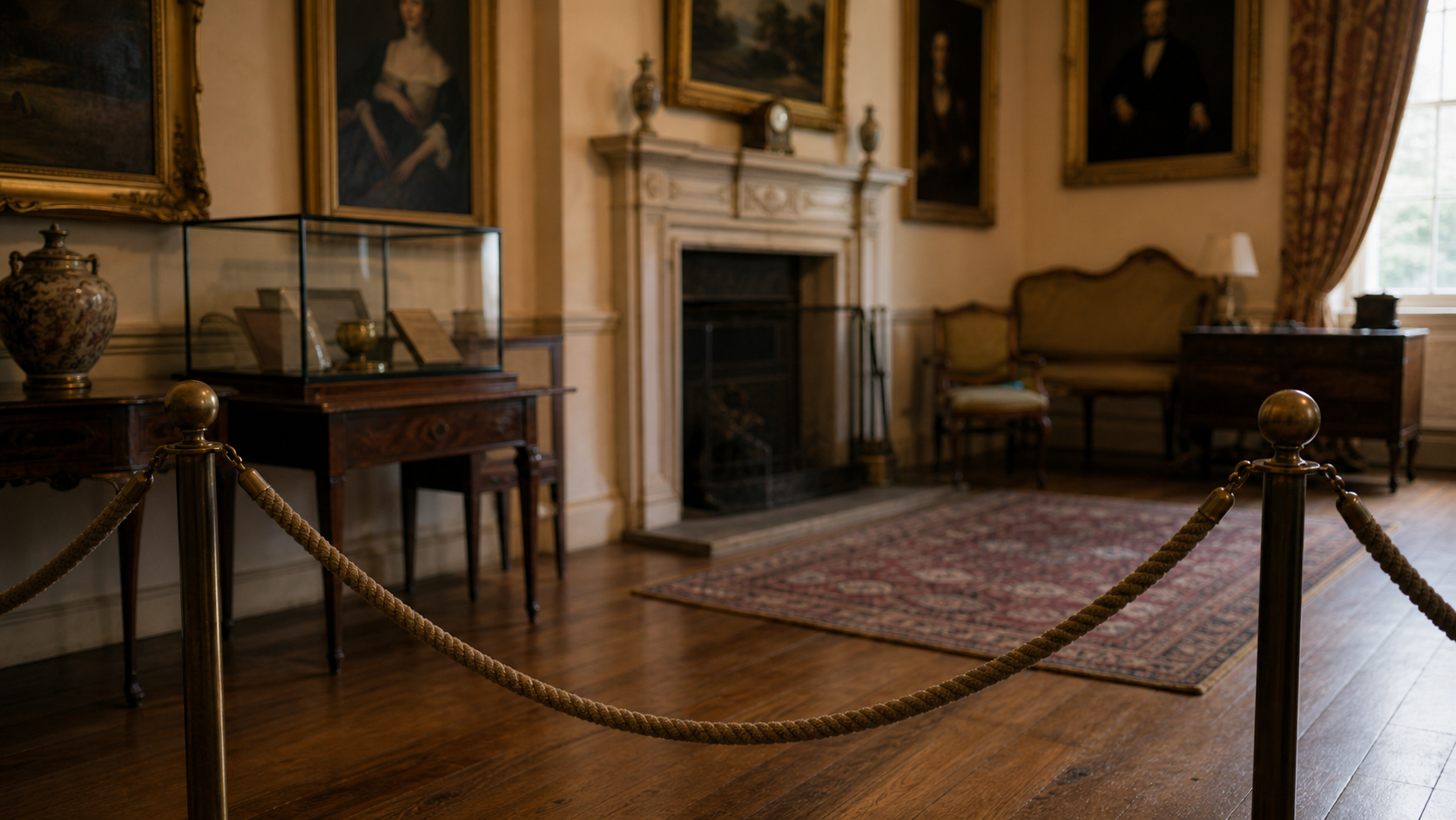 A preserved heritage room viewed from behind a rope barrier