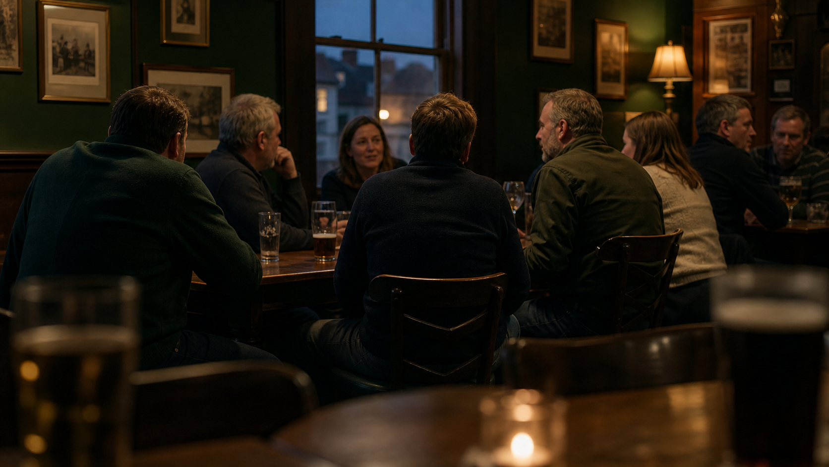 Ordinary adults meeting in a British pub, showing the social setting in which drinking becomes normal