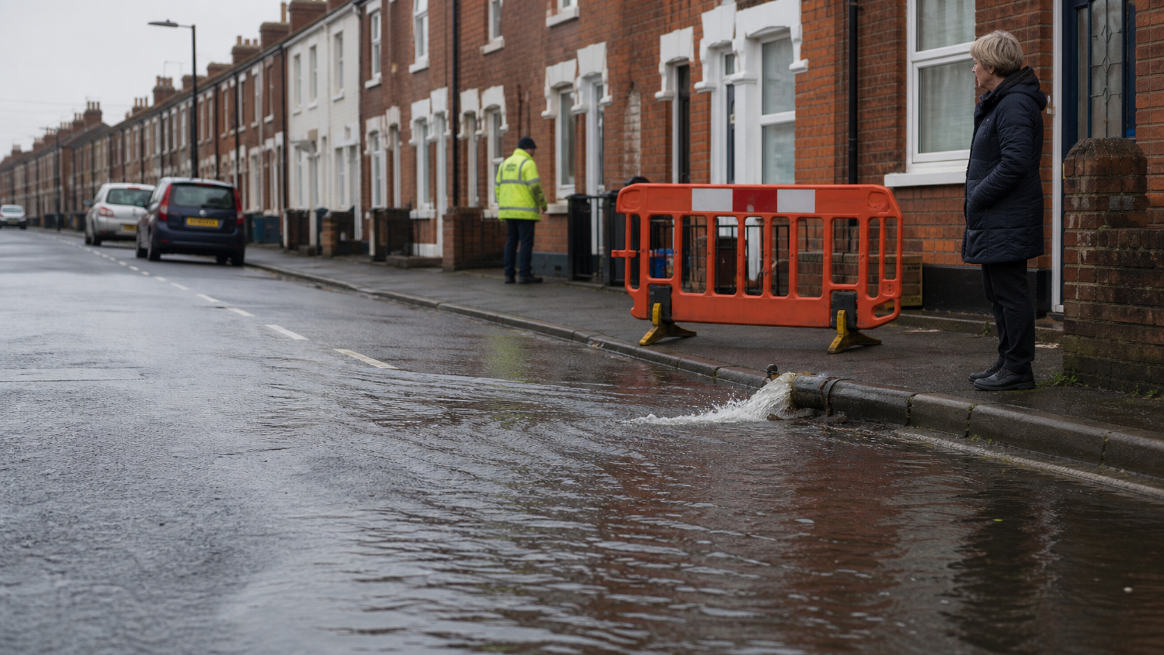 Water flowing from a burst main along a British residential street, illustrating infrastructure accountability
